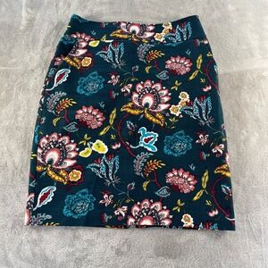 LOFT Floral Pencil Skirt Women 2 Teal Pink Cotton Pockets Knee Length Spring